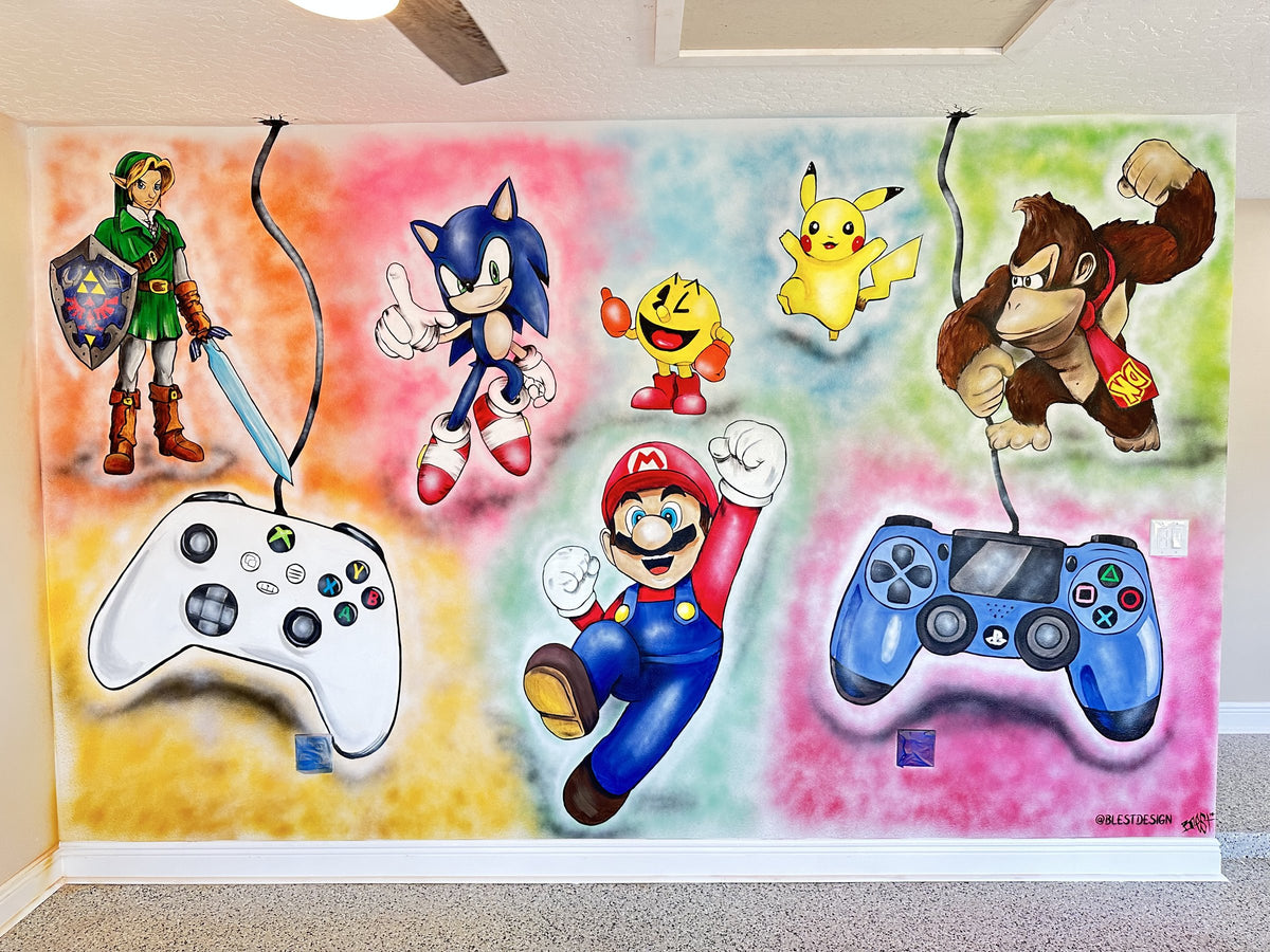 Video game character mural with Mario, Sonic, Link and Pikachu