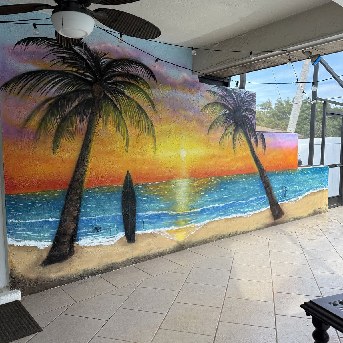 Palm trees and beach sunset lanai mural